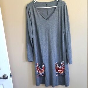 Elegant Gray Long Sleeve Dress with Patterned Accents
